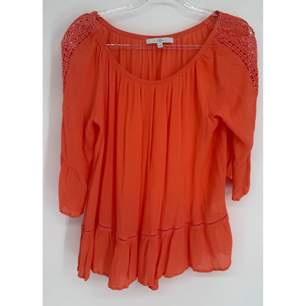 Fever Womens Coral Orange Crochet Lace Shoulder Peplum Blouse 3/4 Sleeve Sz M